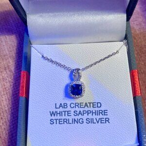 Sapphire Princess Cut Halo Silver Necklace